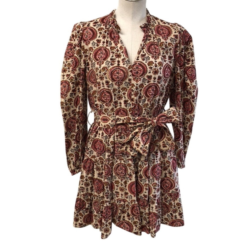 Anna Cate Mini Dress Womens‎ Medium M Red Tan Paisley Cotton Tiered Puff Sleeve